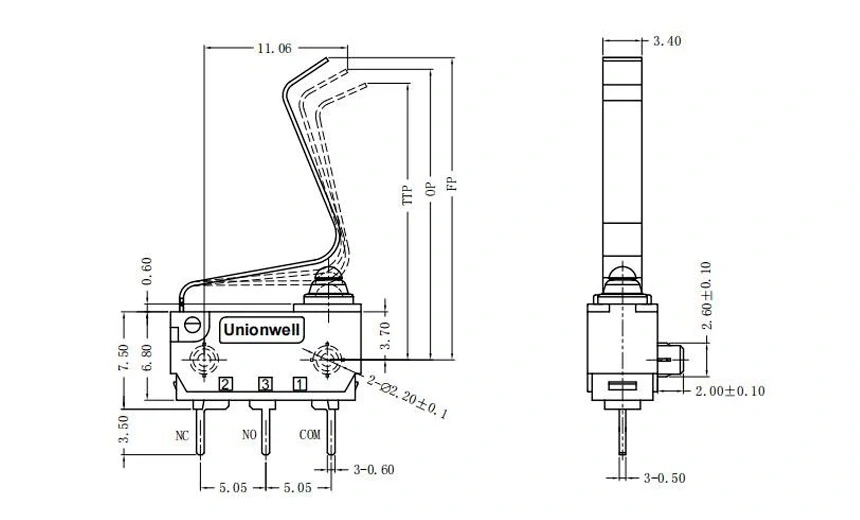 Product Drawing of Mini Micro Switch Customized Lever