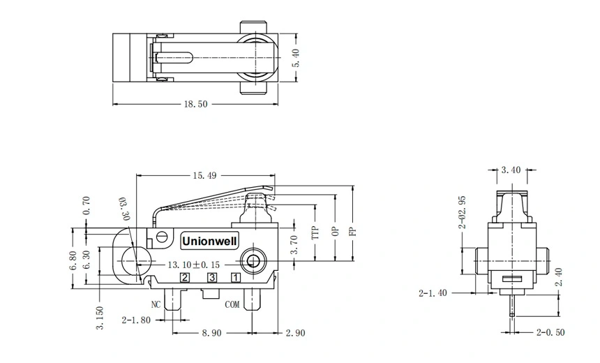 Product Drawing of Subminiature Micro Switches Leaf Lever