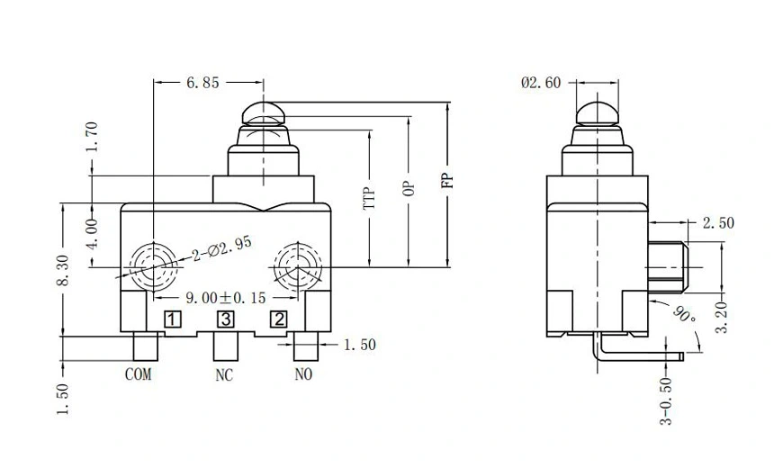 Product Drawing of Waterproof Microswitch Custom New Cover Design