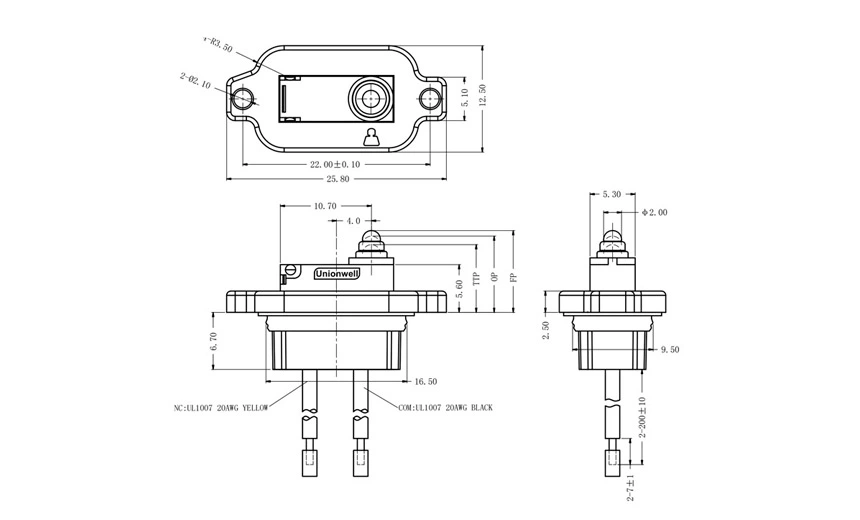 Product Drawing of Wires Downwards Subminiature Sealed Micro Switch