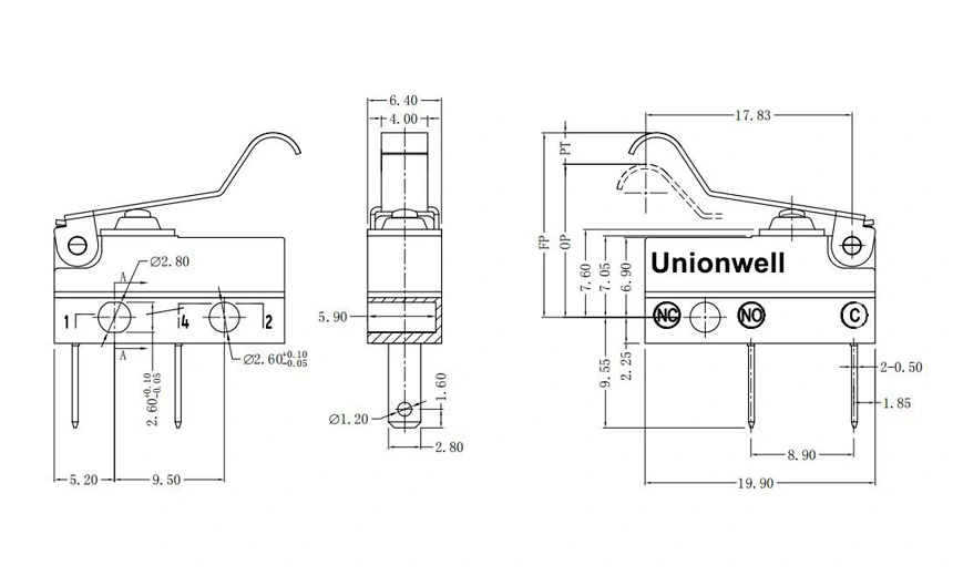 Product Drawing of Waterproof Customized Micro Switch