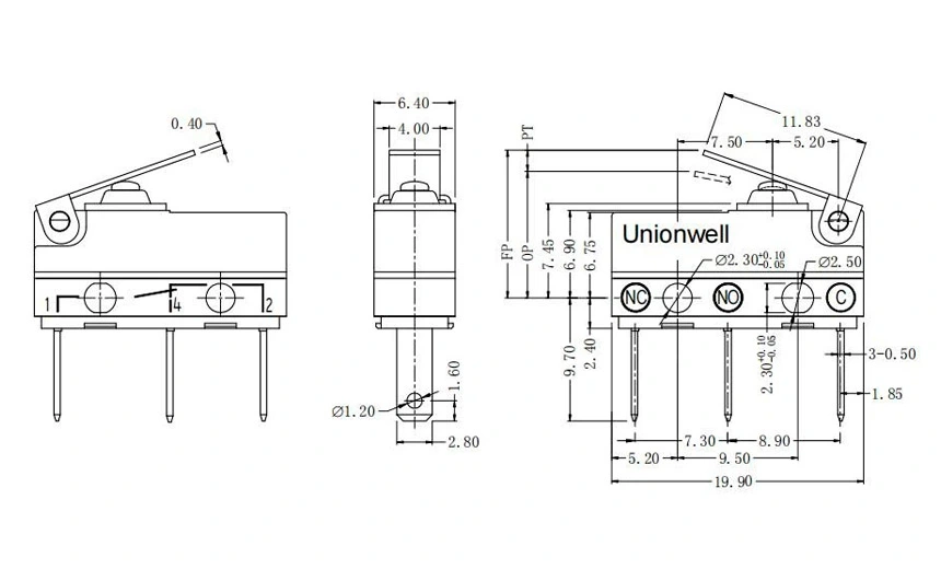 Product Drawing of Waterproof Mini Switch Lever