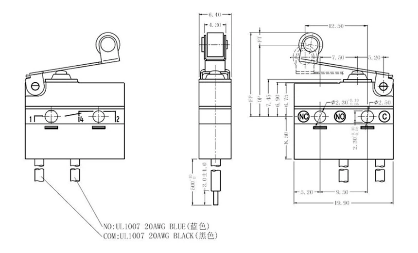 Product Drawing of Miniature Waterproof Micro Switch Roller Lever G9