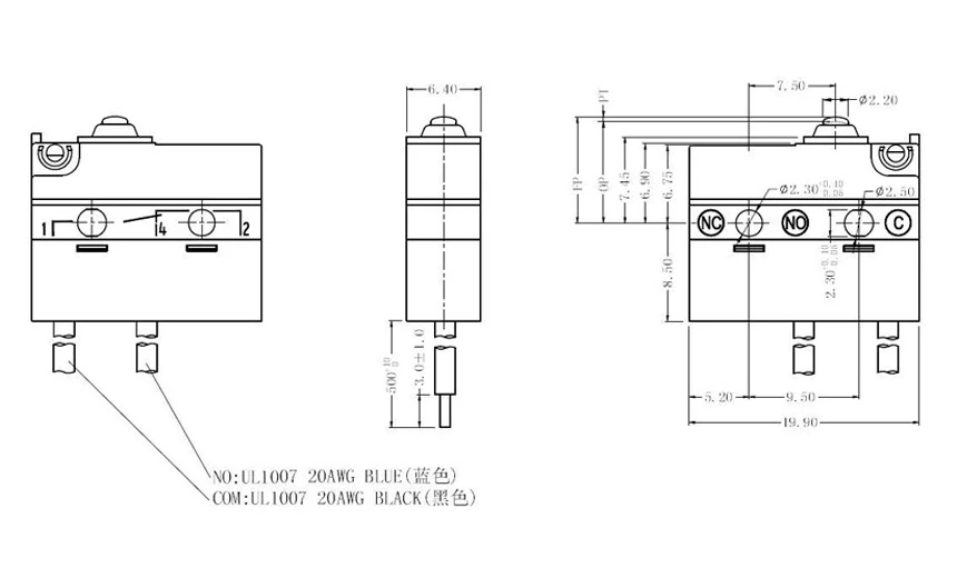 Product Drawing of Sealed Mini Micro Switches Spherical Pin Plunger G9