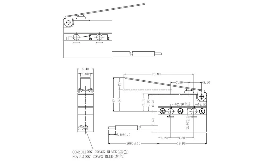 Product Drawing of Dustproof Mini Micro Switch Lead Wires G9