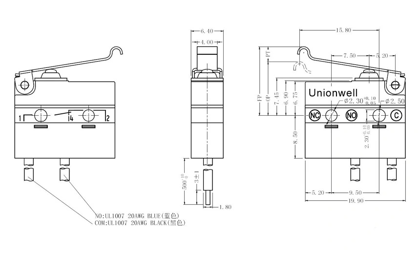 Product Drawing of Sealed Electric Mini Micro Switch 5A 125/250VAC