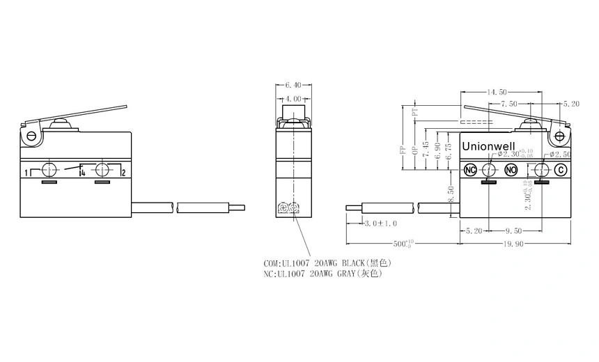 Product Drawing of Unionwell G9 Straight Lever Micro Switch