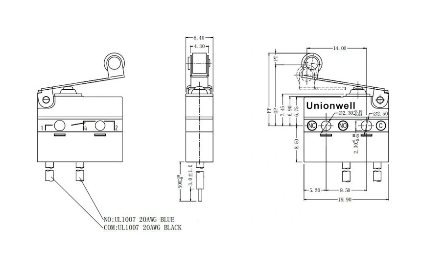 Product Drawing of Waterproof Miniature Micro Switch Wires Custom Lever