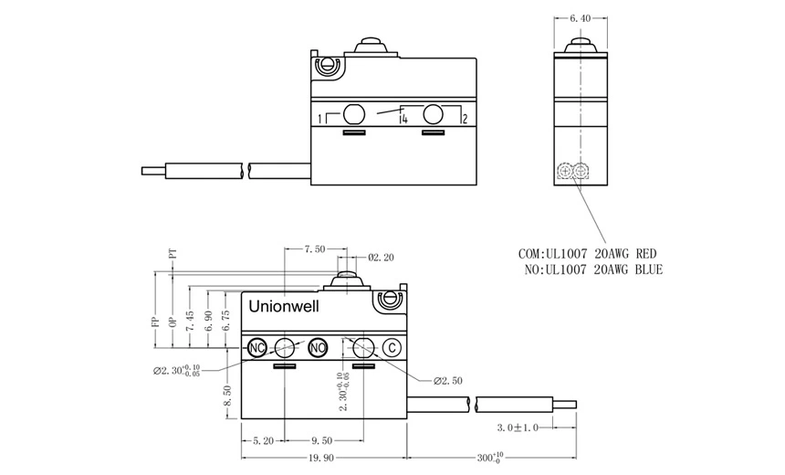 Product Drawing of 300GF Max Sealed Mini Micro Switch G905