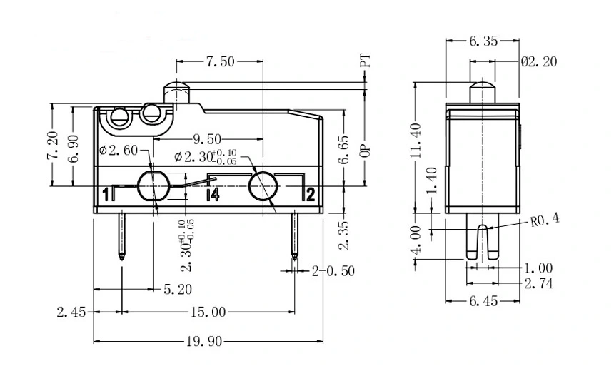 Product Drawing of Dustproof Micro Switch SPST-NC 250GF