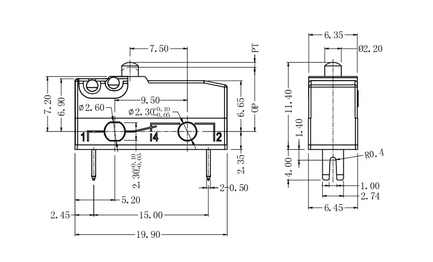 Product Drawing of Dustproof Micro Switch SPST-NC Branch Off Terminals