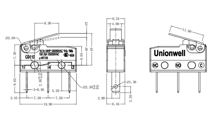 Product Drawing of Dustproof Mini Switch 250GF