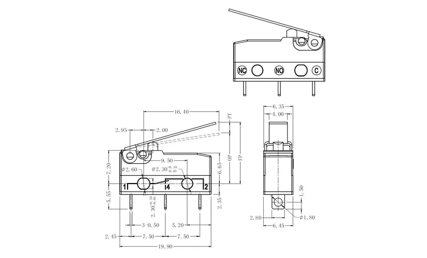 Product Drawing of Dustproof Micro Switches Solder Terminals G9