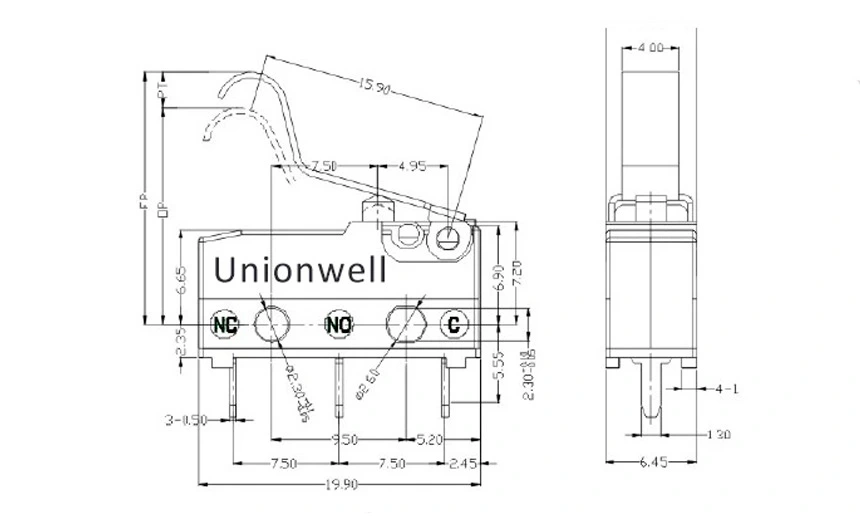 Product Drawing of Unionwell Miniature Micro Switch