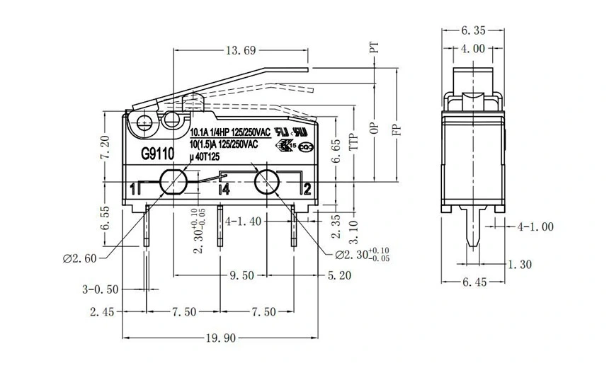 Product Drawing of Waterproof Micro Switch 250GF