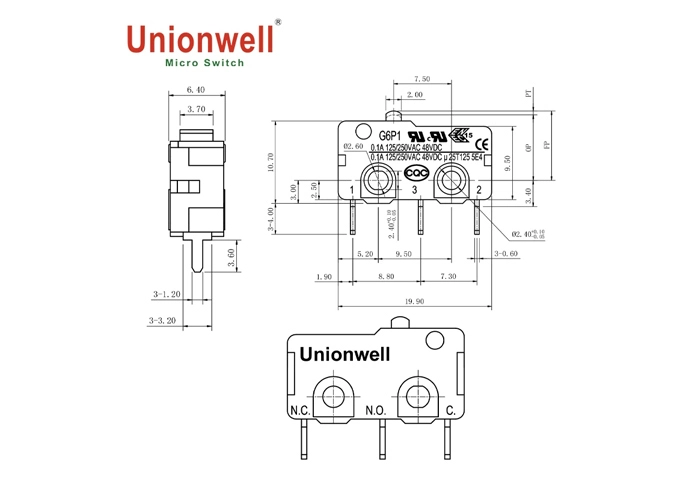 Product Drawings of Customized Design Miniature Micro Switch G6P1