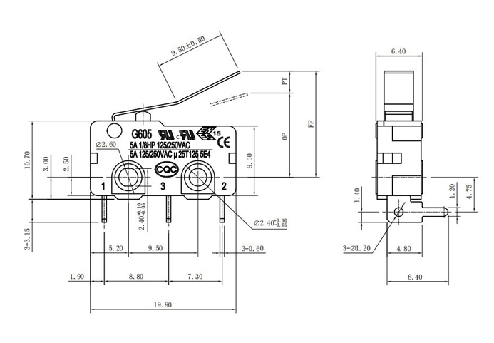 Product Drawings of Micro Interrupteur Custom Lever Handle