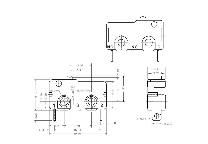 Product Drawings of Miniature Micro Switch 100gf Pin Plunger G6