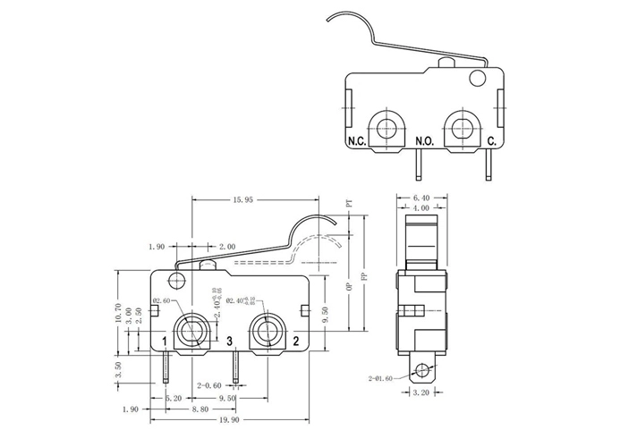 Product Drawings of Miniature Micro Switch Simulated Roller Lever G6