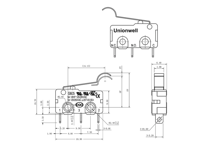 Product Drawings of Solder Terminals Std. Simulated Roller Lever Micro Switch G605