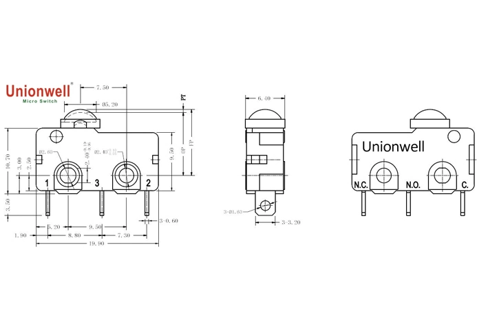 Product Drawings of Miniature Micro Switch Solder Terminal