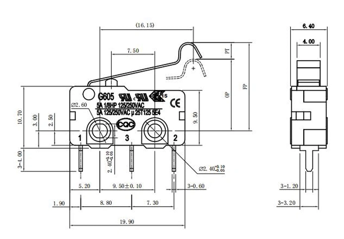 Product Drawings of Miniature Microswitch Custom Roller Lever Handle