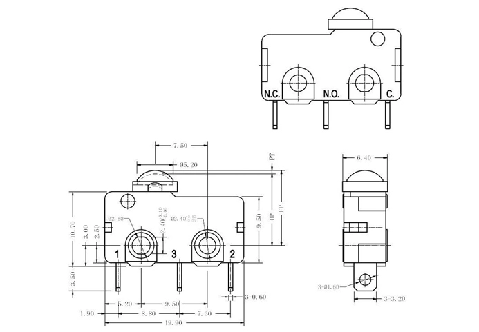 Product Drawings of Miniature Micro Switches Solder Terminal G6