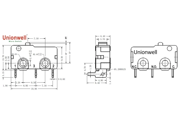 Product Drawings of Subminiature Micro Switch Right Side PCB Terminals