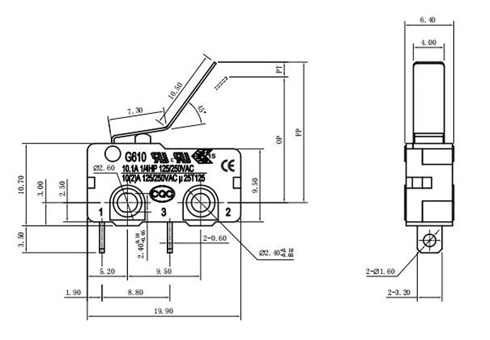 Product Drawings of Miniature Micro Switch C2# Lever