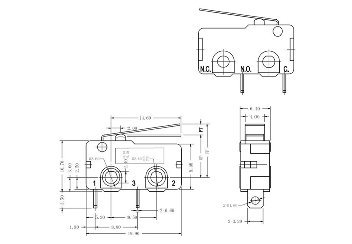 Product Drawings of Miniature Micro Switches Solder Terminals G6